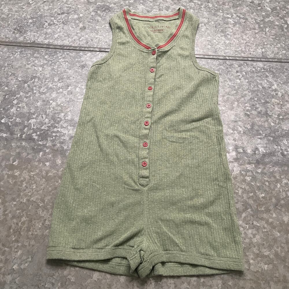 Victoria's Secret Vintage Y2K Ribbed Cotton Knit Romper Small Green Pajama